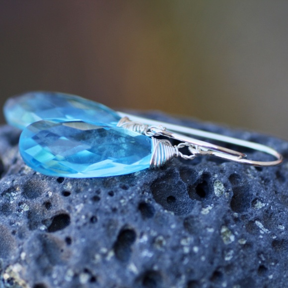 Wire Wrapped Swiss Blue Topaz Earrings Sterling Silver , December Birthstone - Picture 3 of 8